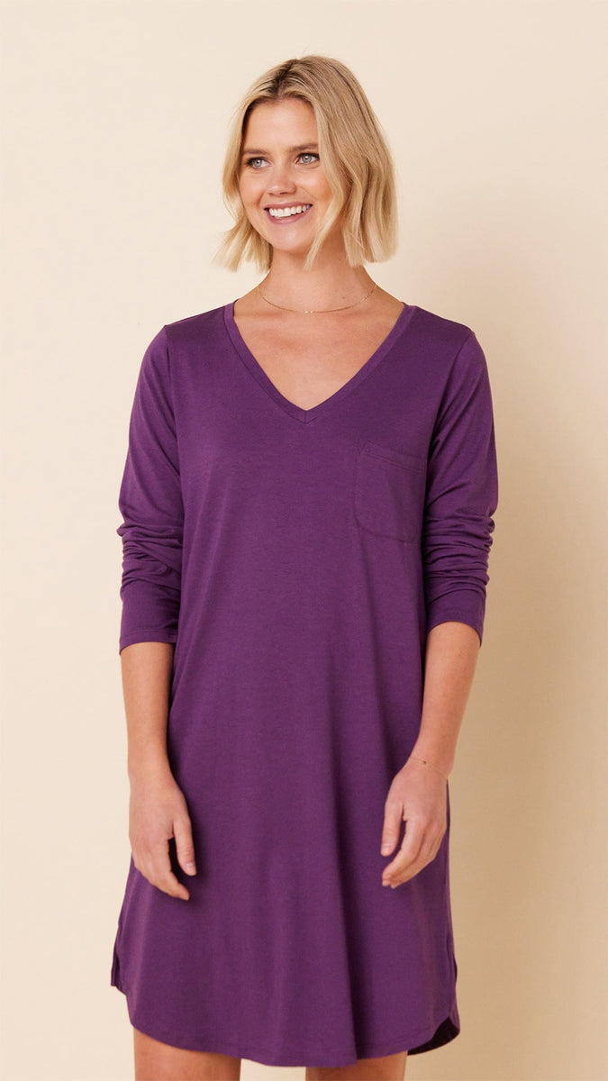 Classic Pima Knit Long-Sleeved Sleep Shirt - Aubergine – The Cat's