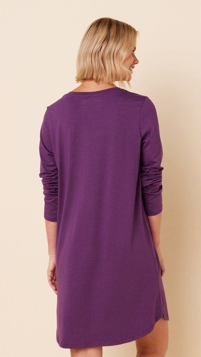 Classic Pima Knit Long-Sleeved Sleep Shirt - Aubergine