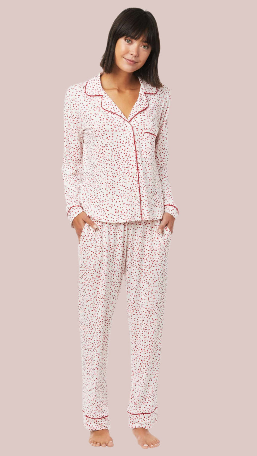 Confetti Dot Pima Knit Long-Sleeved Pajama - White/Red Hover White