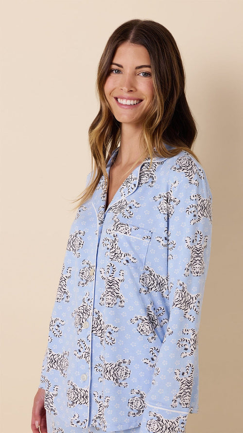 Bengal Blue Pima Knit Long-Sleeved Pajama Wide Blue