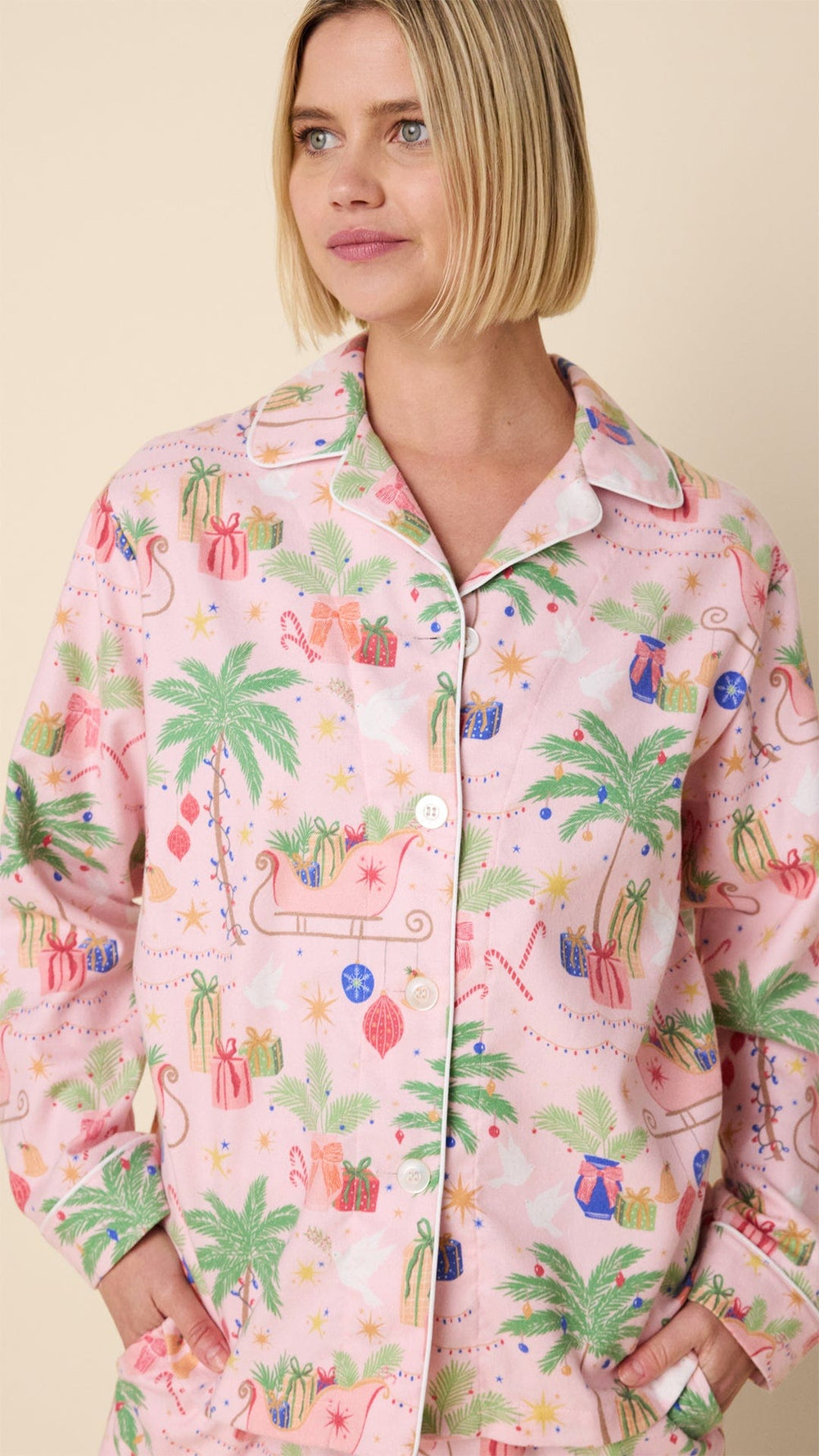 California Christmas Flannel Long-Sleeved Pajama Wide Pink