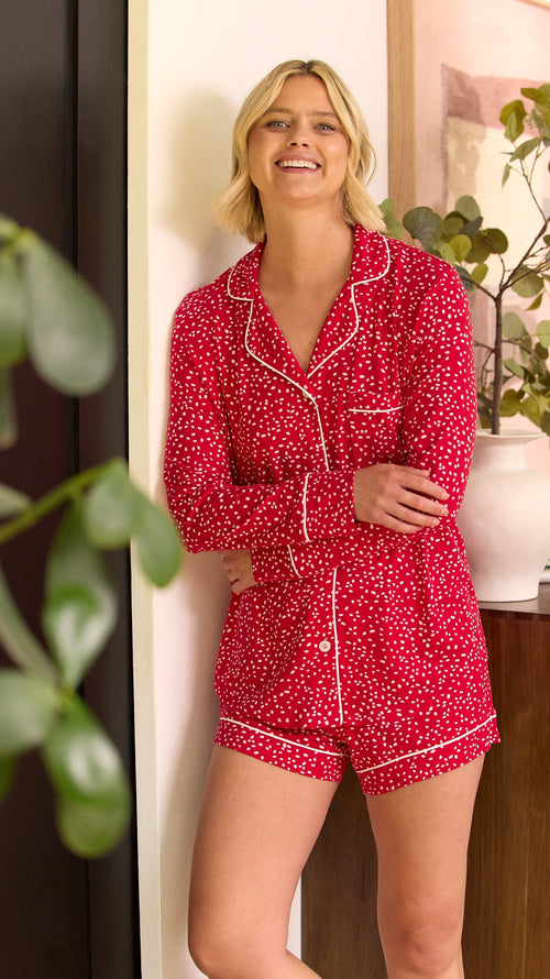 Confetti Dot Pima Knit Long-Sleeved Short Set - Red Extra Wide Red