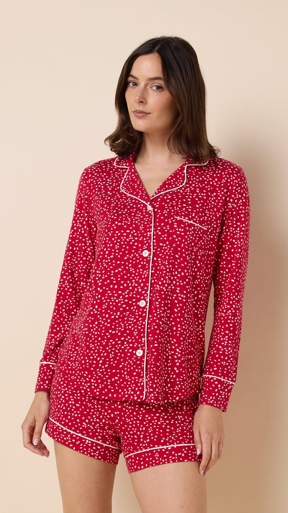 Confetti Dot Pima Knit Long-Sleeved Short Set - Red Wide Red