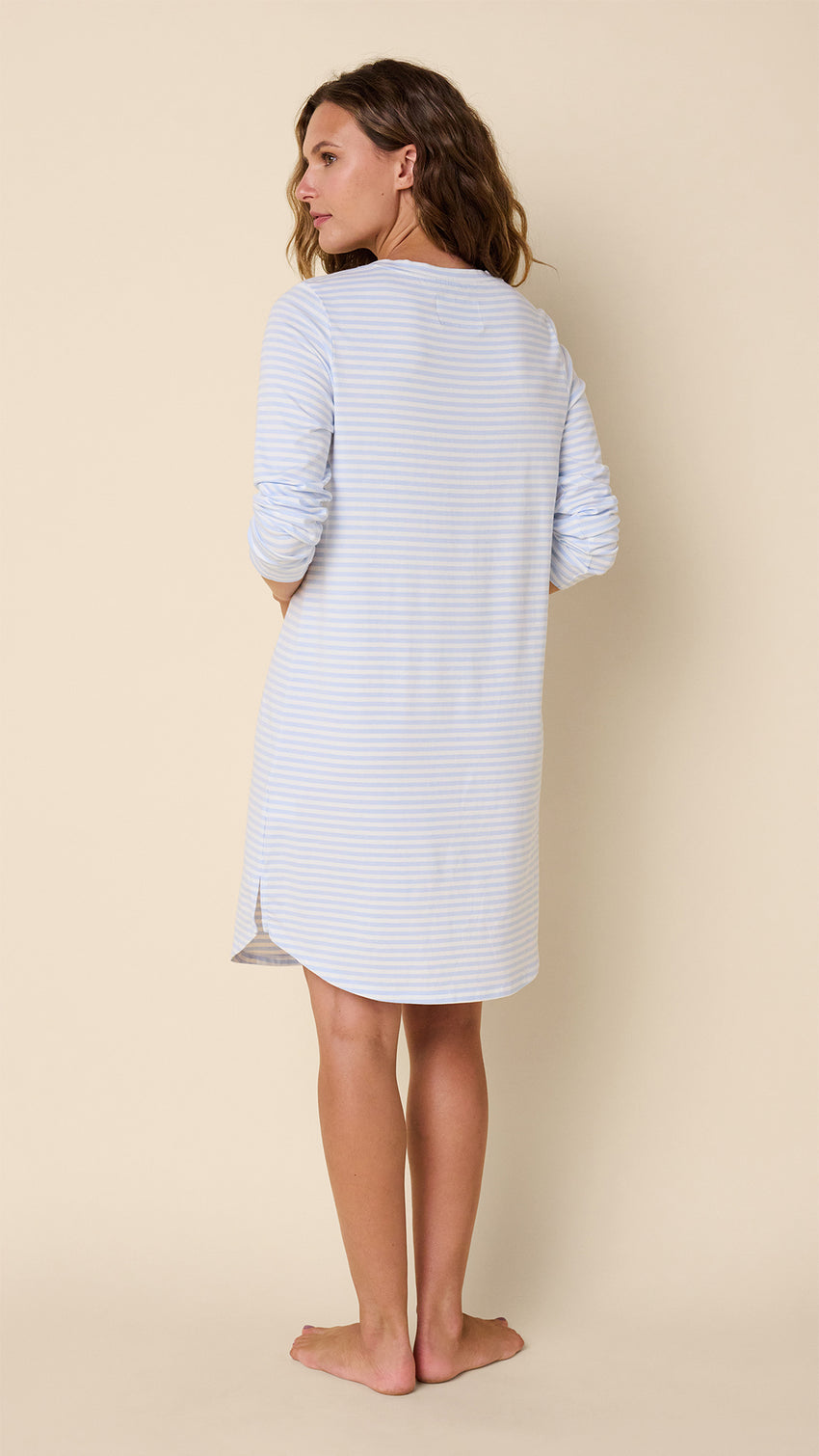 Essential Stripe Pima Knit Long-Sleeve Sleep Shirt - Heavenly Blue Hover Heavenly Blue