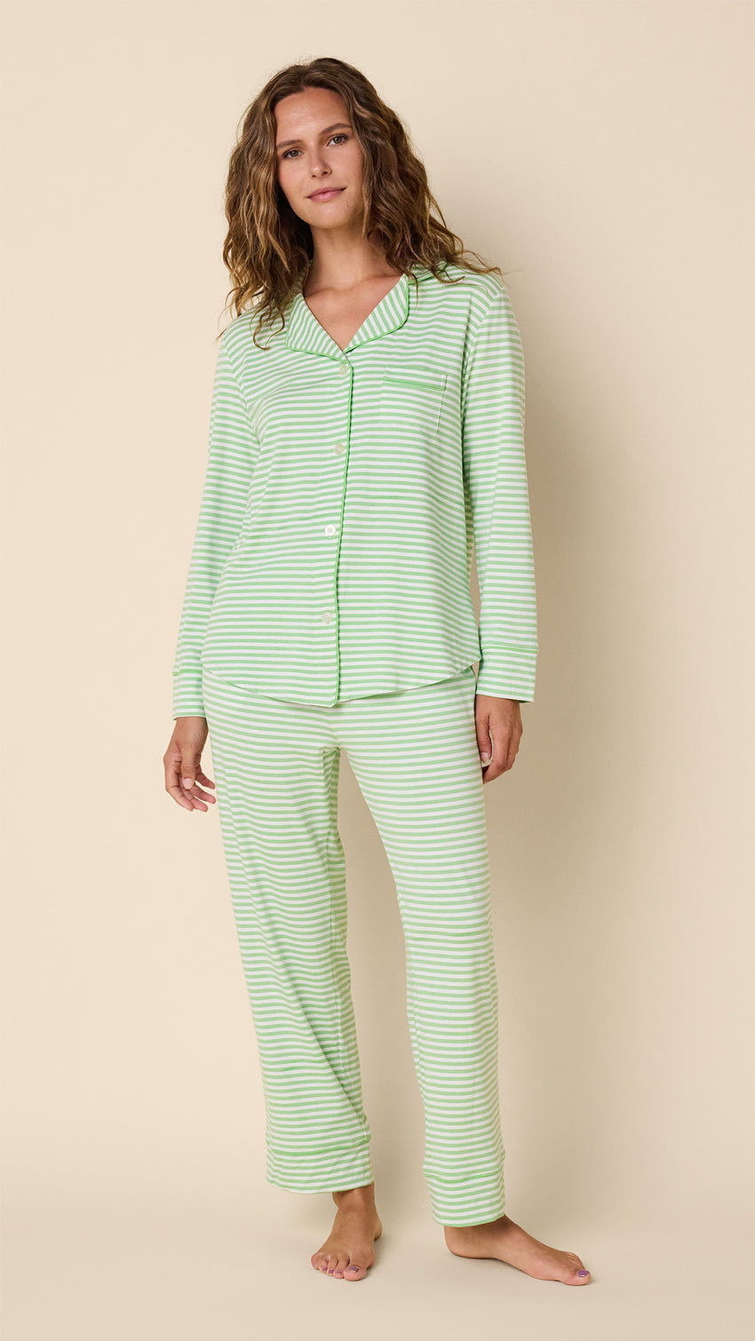 Essential Stripe Pima Knit Long Sleeved Pajama Pistachio The Cat s Pajamas