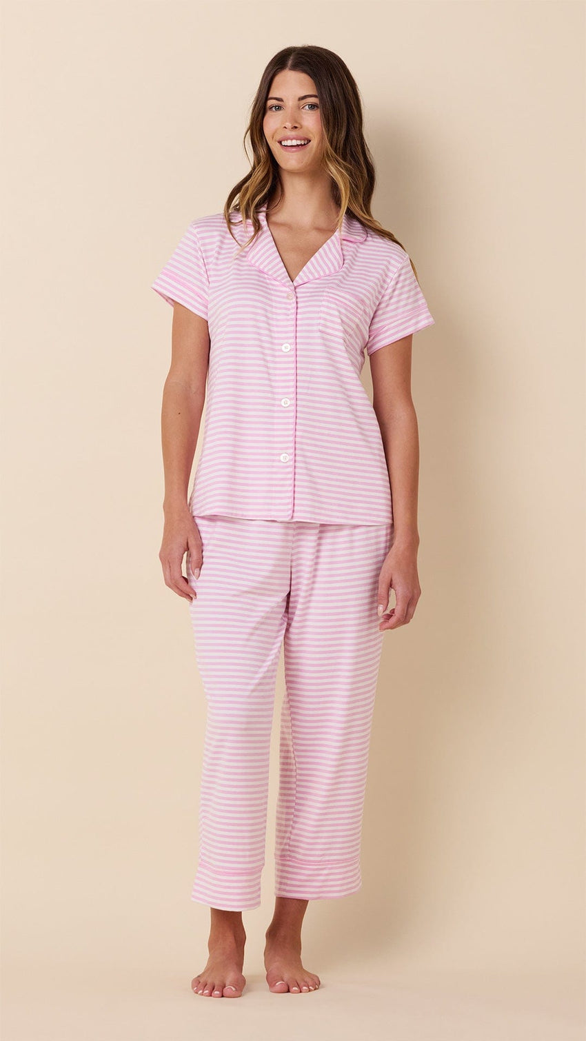 Essential Stripe Pima Knit Capri Set - Pink Moment Hover Pink Moment