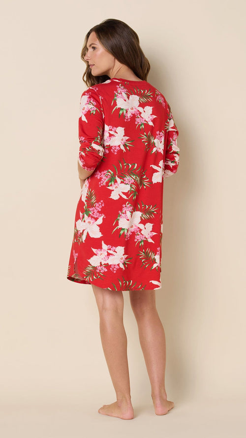 Flora Festiva Pima Knit Long-Sleeved Sleep Shirt Hover Red