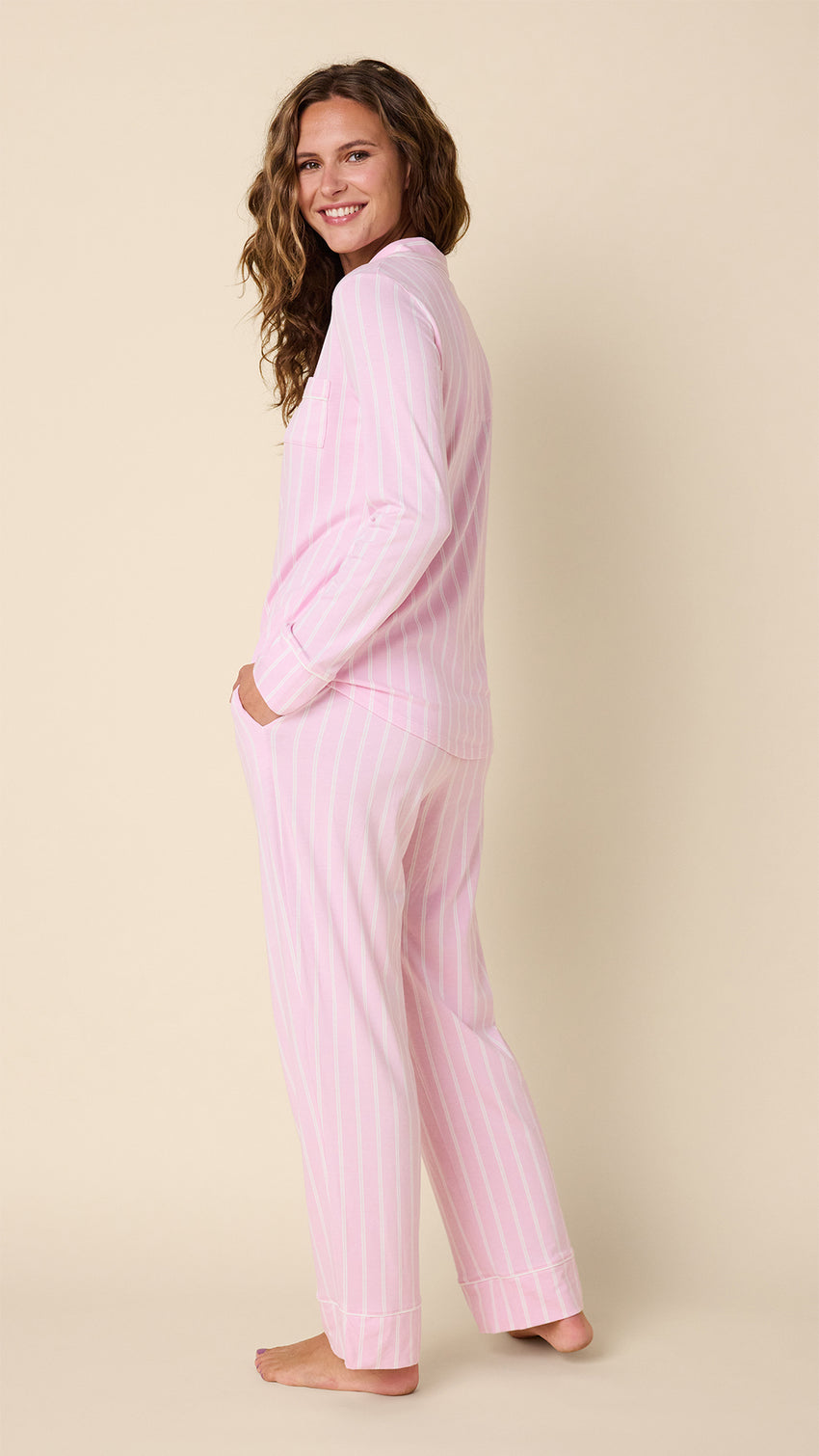 Heritage Stripe Pima Knit Long-Sleeved Pajama - Pink Hover Pink