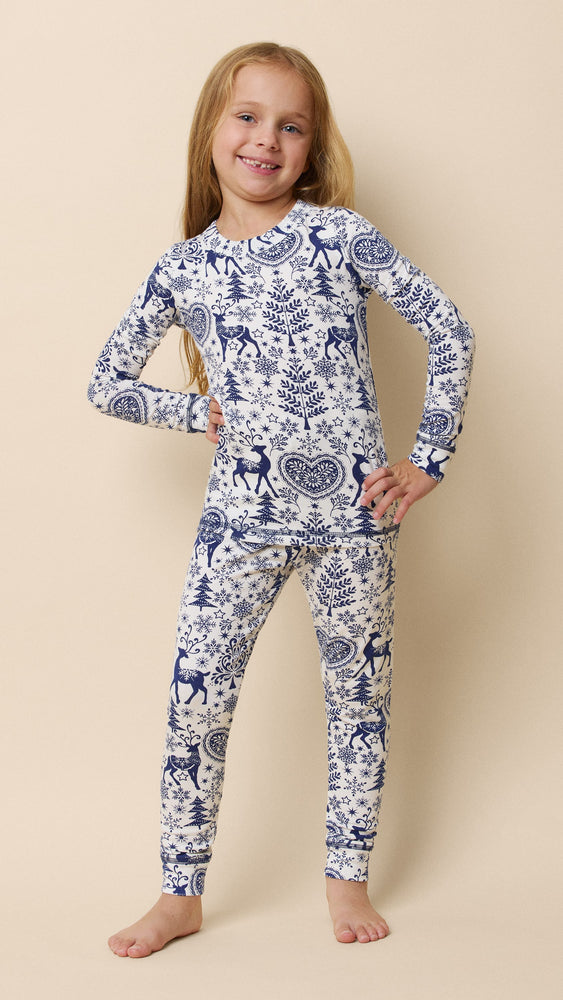 Holly Jolly Blue Pima Knit Kid's Pullover Set Extra Wide Blue