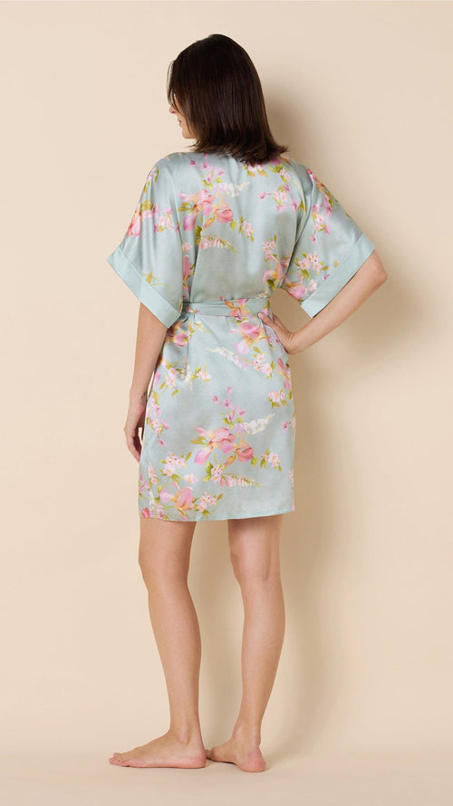 Moonlit Garden Silk Kimono Robe Hover Blue