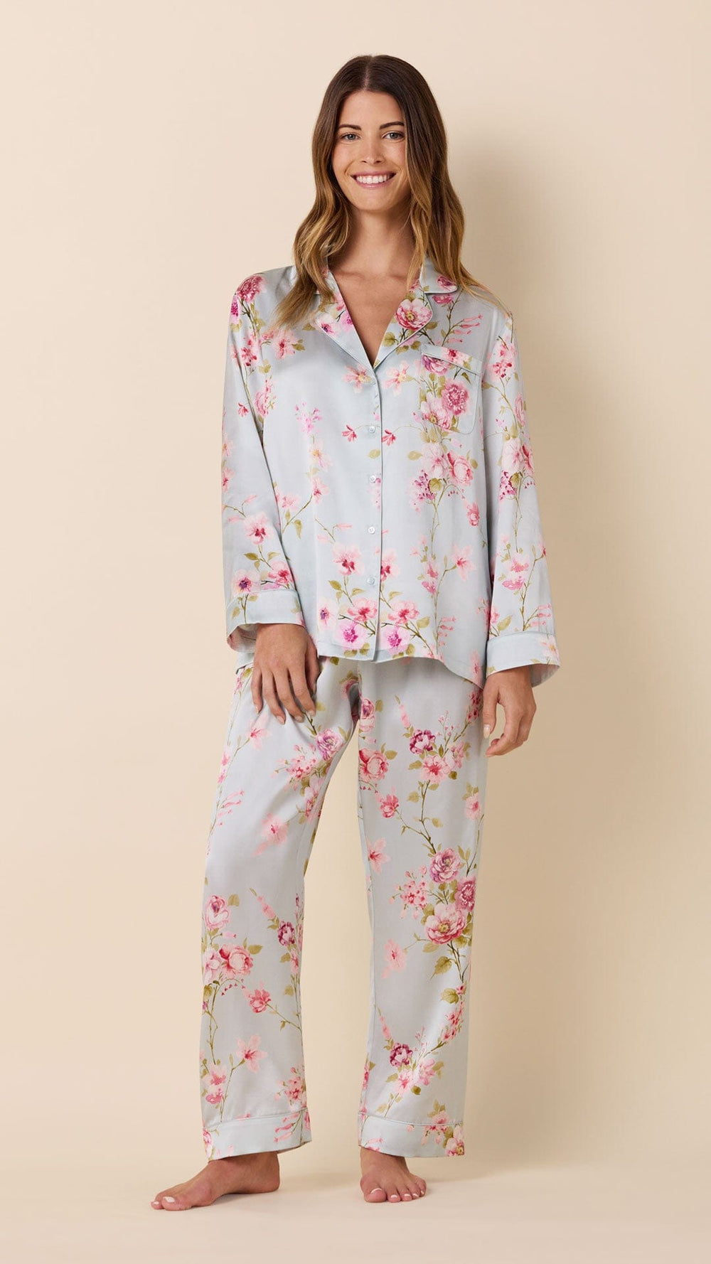 Morning in Kyoto Long-Sleeved Silk Pajama Hover Blue