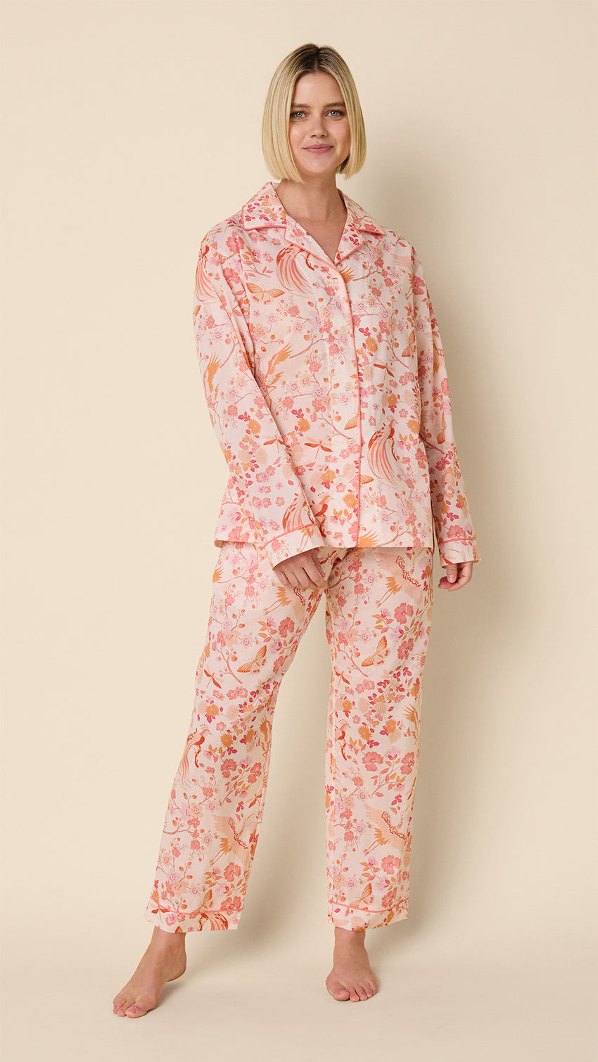 Coral Bird Voile Pajama Main Coral