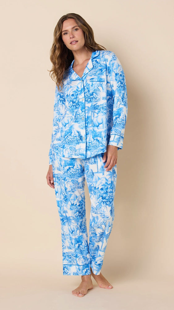 Palm Grove Toile Pima Knit Long-Sleeved Pajama - Blue Extra Wide Blue