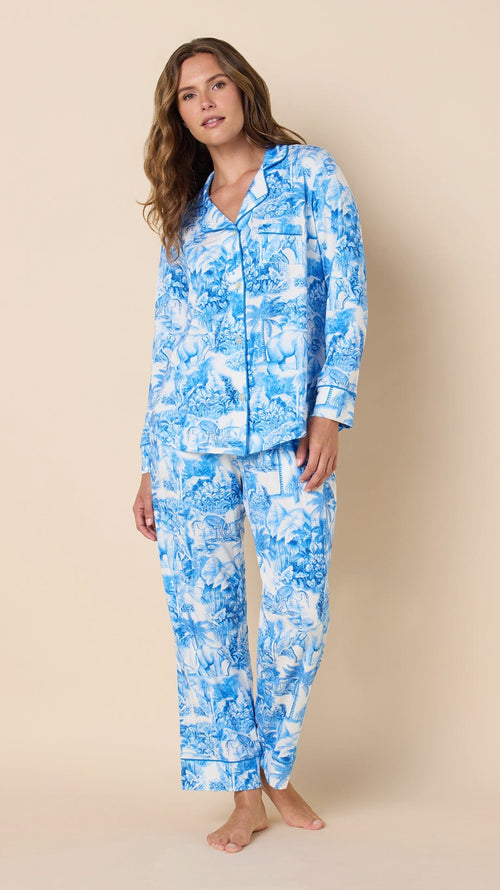 Palm Grove Toile Pima Knit Long-Sleeved Pajama - Blue Extra Wide Blue