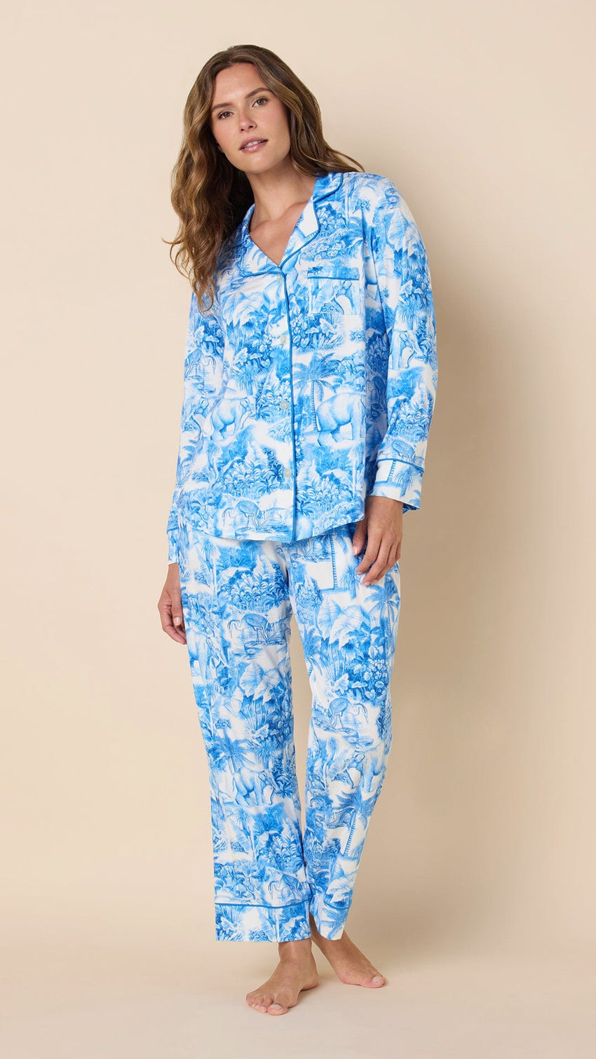 Palm Grove Toile Pima Knit Long-Sleeved Pajama - Blue Extra Wide Blue