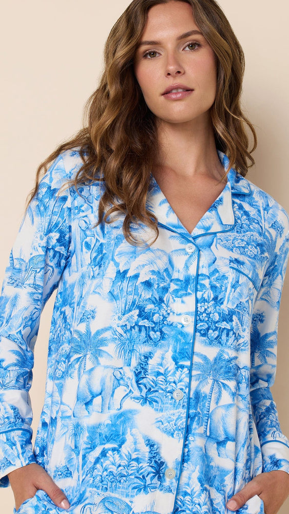 Palm Grove Toile Pima Knit Long-Sleeved Pajama - Blue Extra Blue