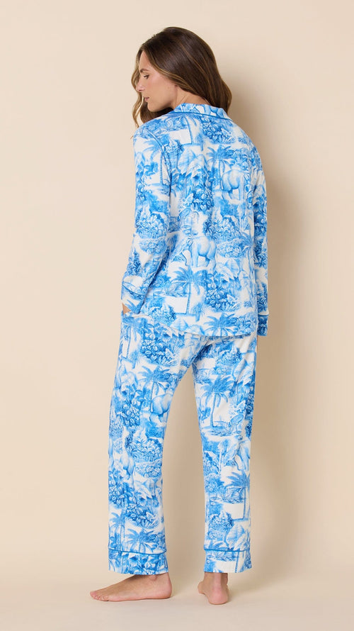 Palm Grove Toile Pima Knit Long-Sleeved Pajama - Blue Hover Blue