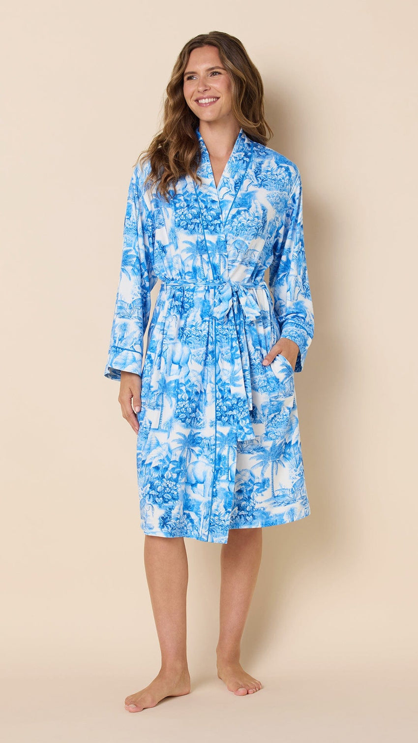 Palm Grove Toile Pima Knit Kimono Robe - Blue Main Blue