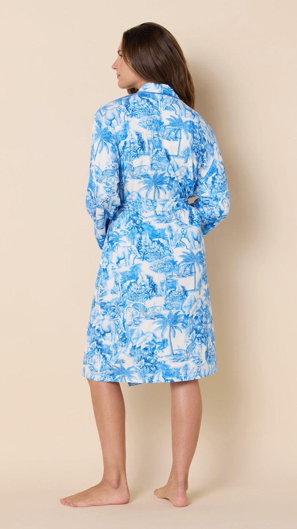 Palm Grove Toile Pima Knit Kimono Robe - Blue Hover Blue