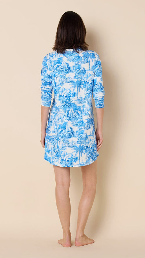 Palm Grove Toile Pima Knit Long-Sleeved Sleep Shirt - Blue Hover Blue
