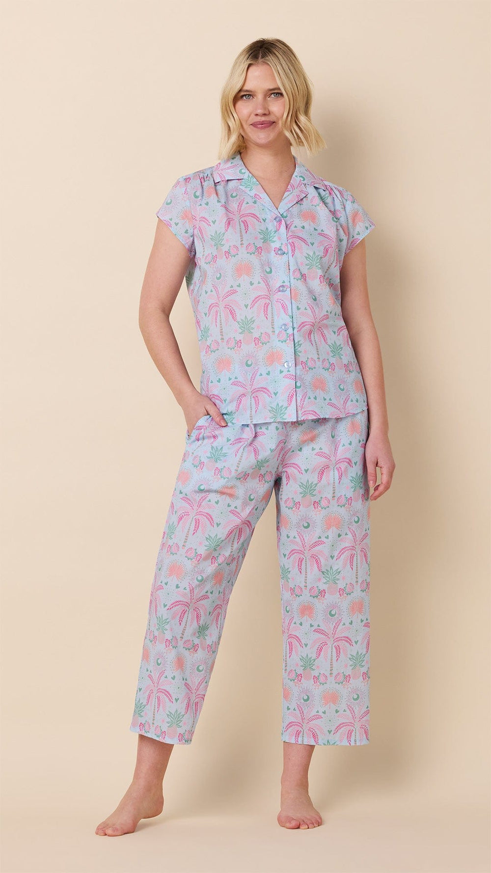 Pink Palms Please Voile Capri Set Wide Blue
