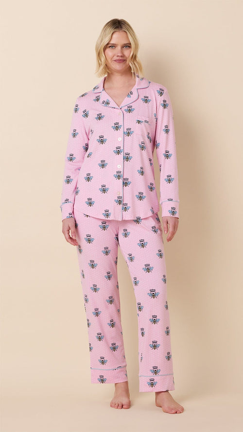 Queen Bee Pima Knit Long-Sleeved Pajama - Pink Extra Pink