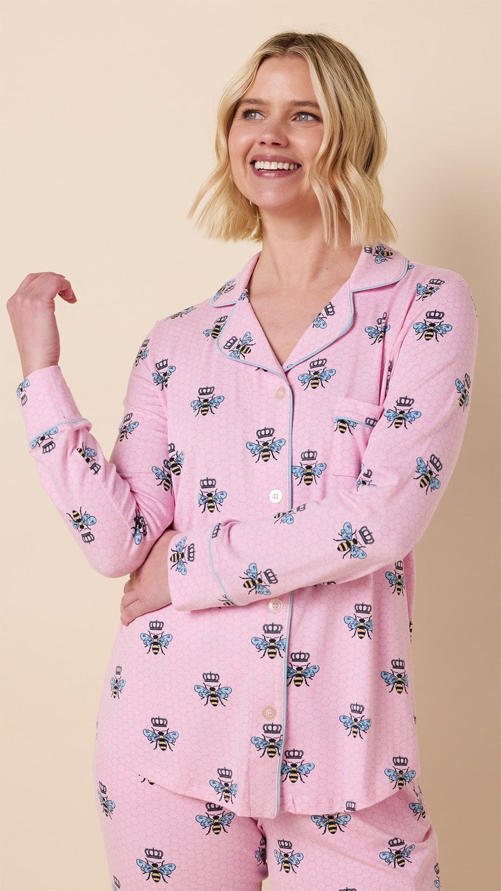Queen Bee Pima Knit Long-Sleeved Pajama - Pink Wide Pink