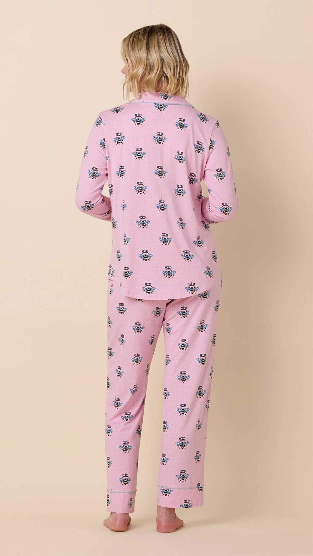 Queen Bee Pima Knit Long-Sleeved Pajama - Pink Hover Pink