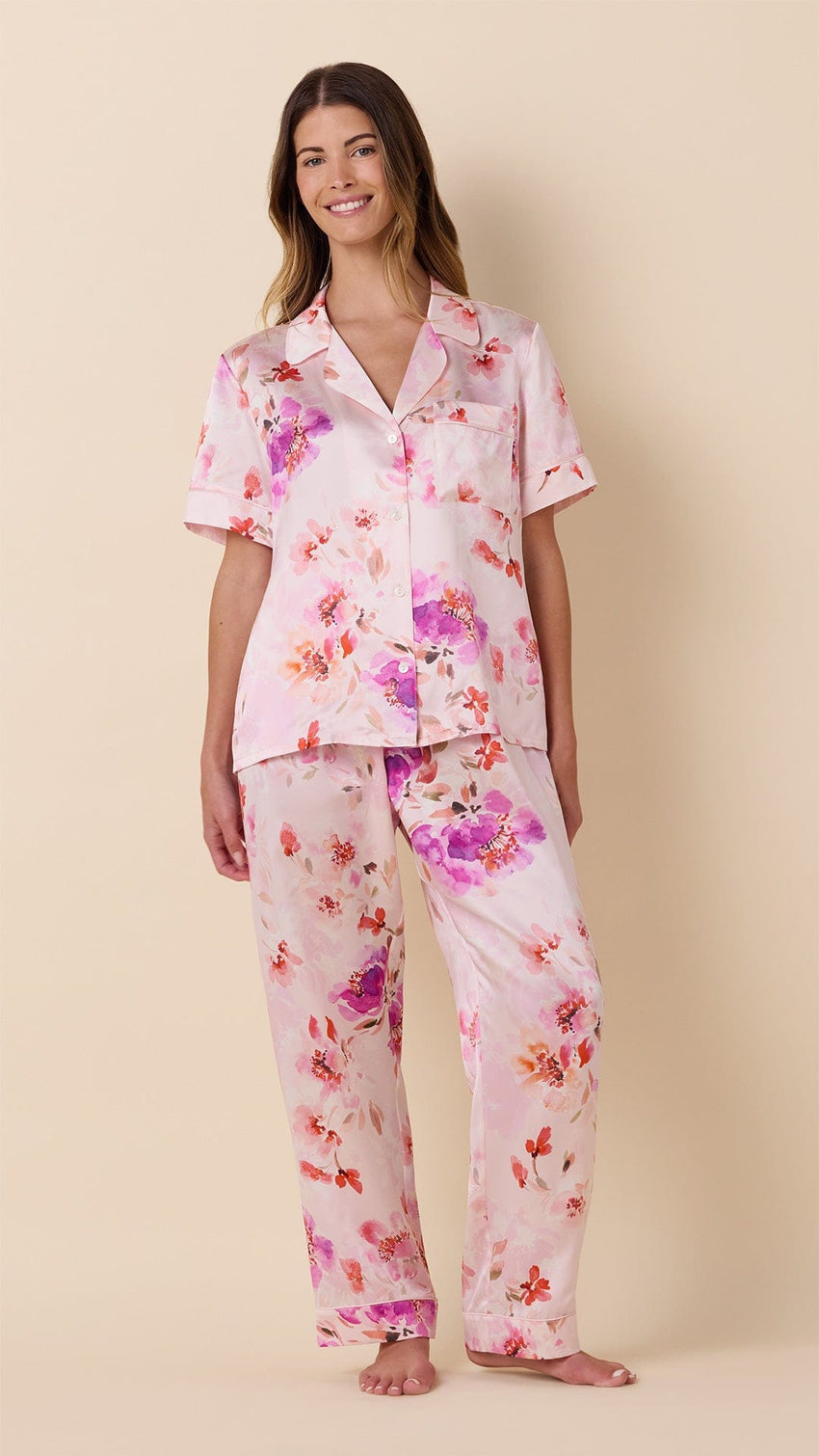 Morning in Savannah Short-Sleeved Silk Pajama Extra Pink