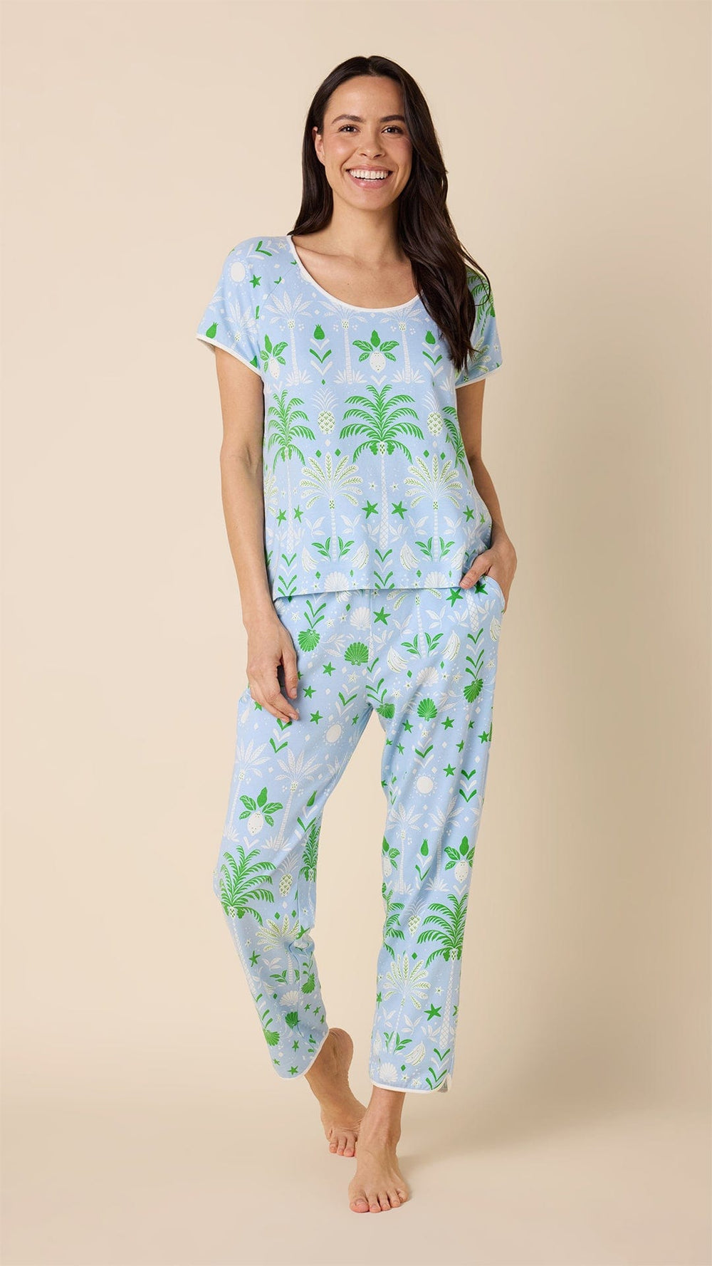 Tropicana Palm Pima Knit Short-Sleeved Simple Set Main Blue