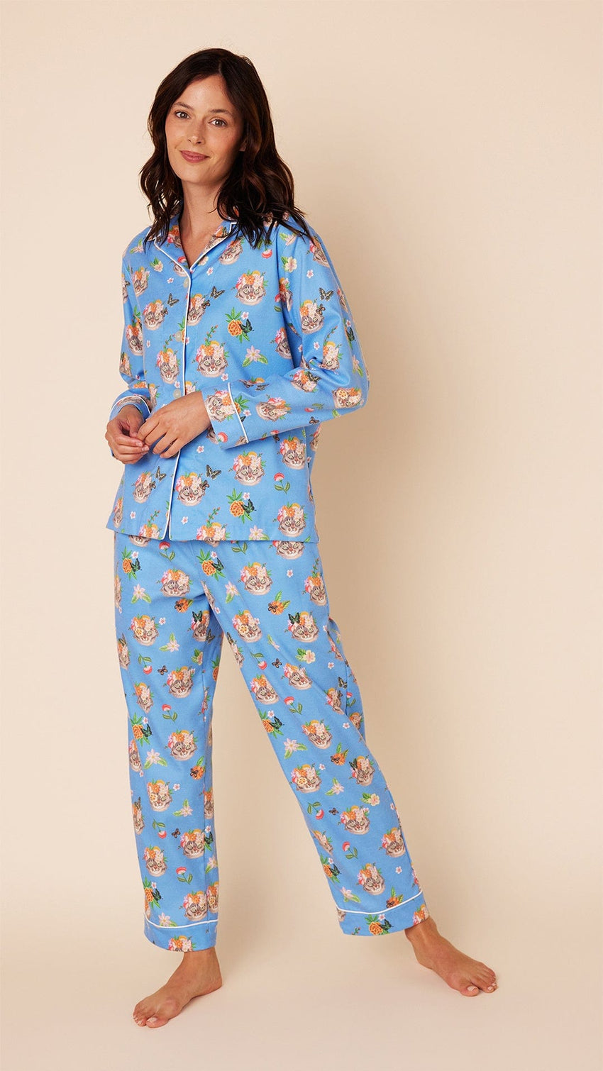 Flowery Feline Flannel Pajama Main Blue