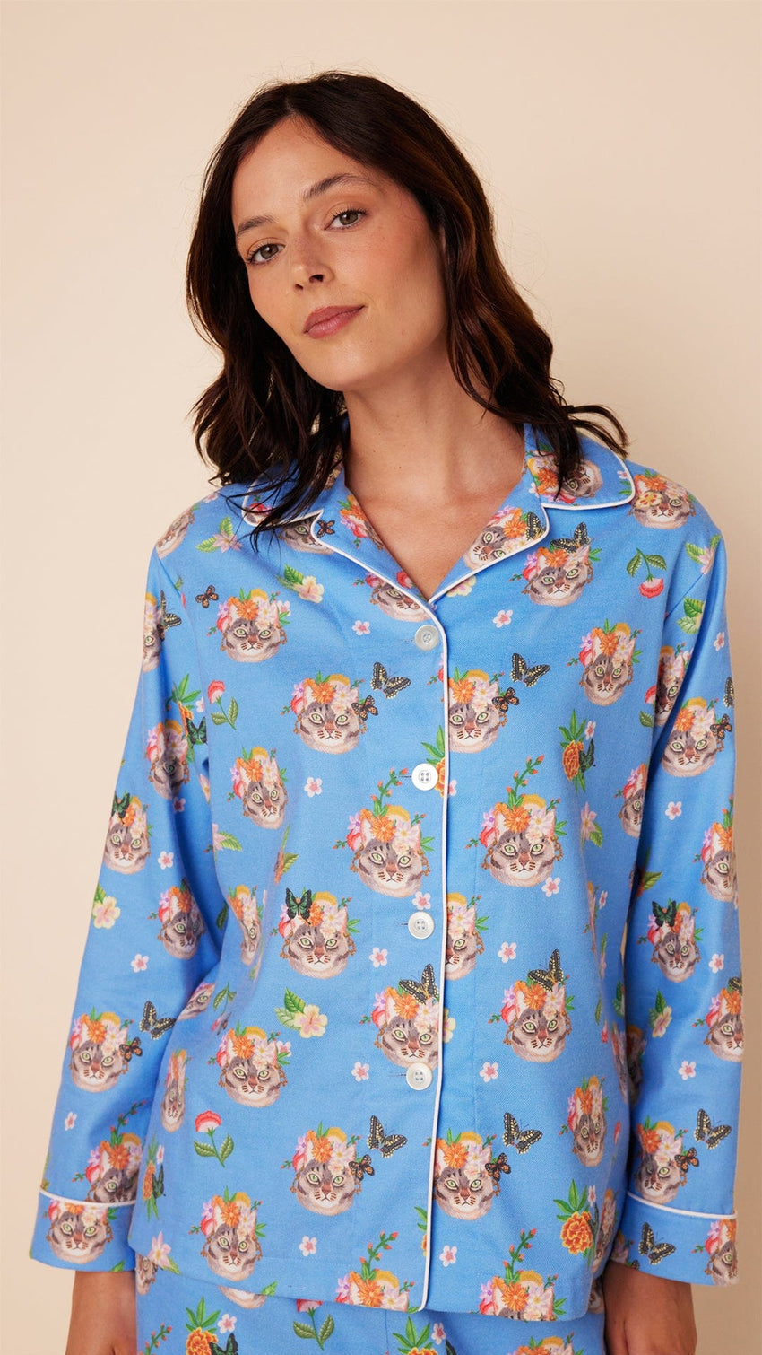Flowery Feline Flannel Pajama Extra Blue