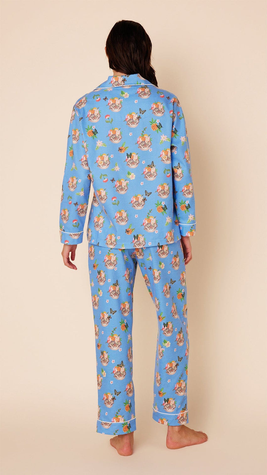 Flowery Feline Flannel Pajama Hover Blue