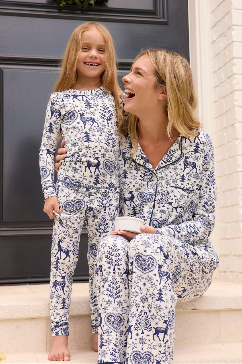 Holly Jolly Blue Pima Knit Kid's Pullover Set Wide Blue