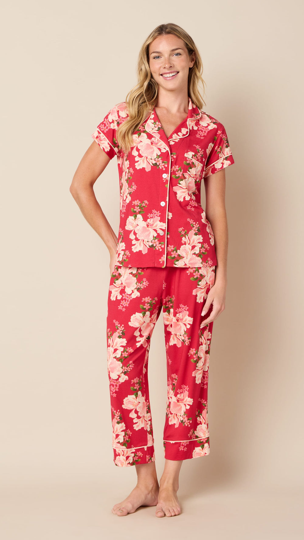 Fete Florale Pima Knit Capri Hover Red