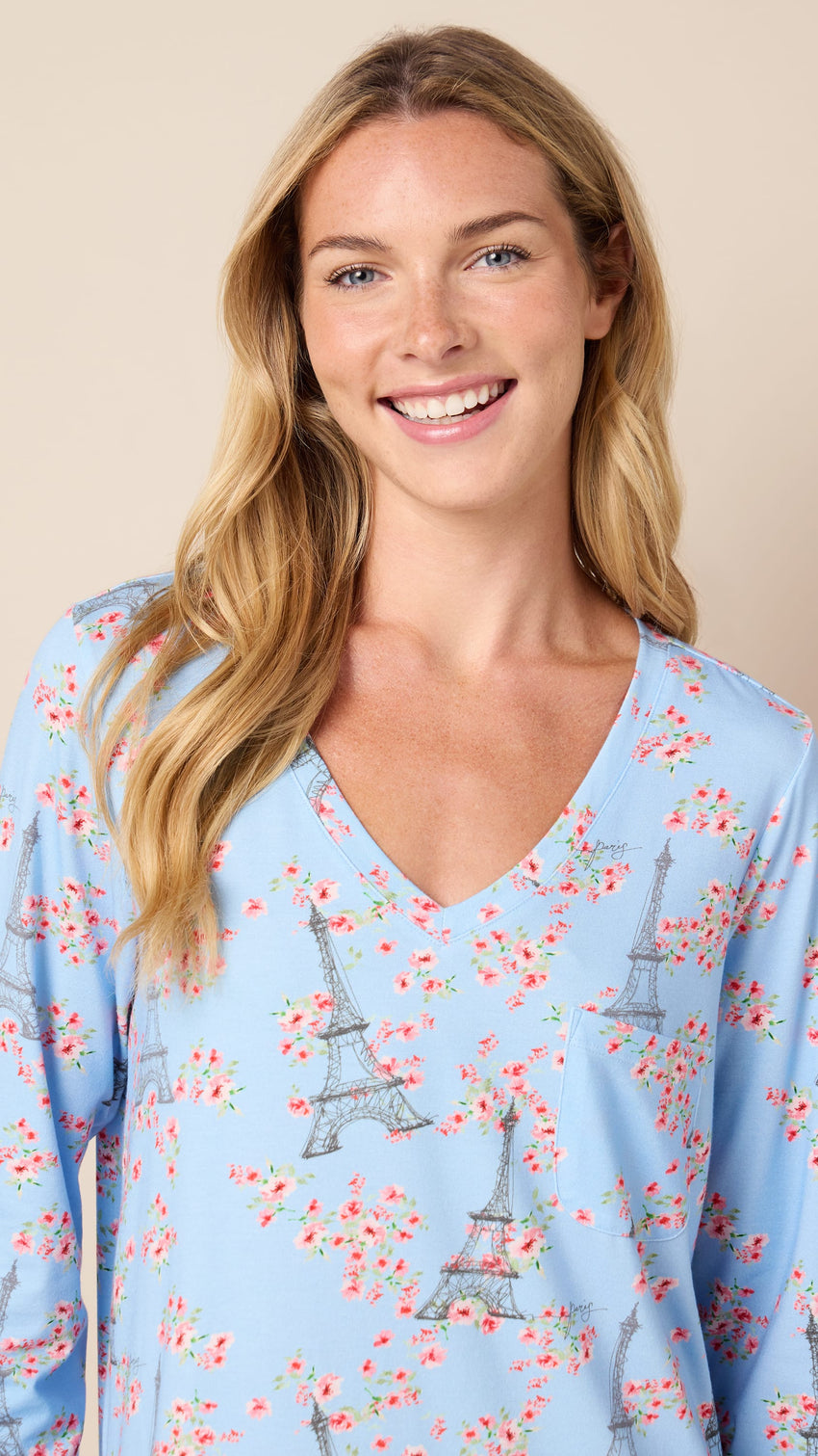 Petals Over Paris Pima Knit Sleep Shirt Wide Blue