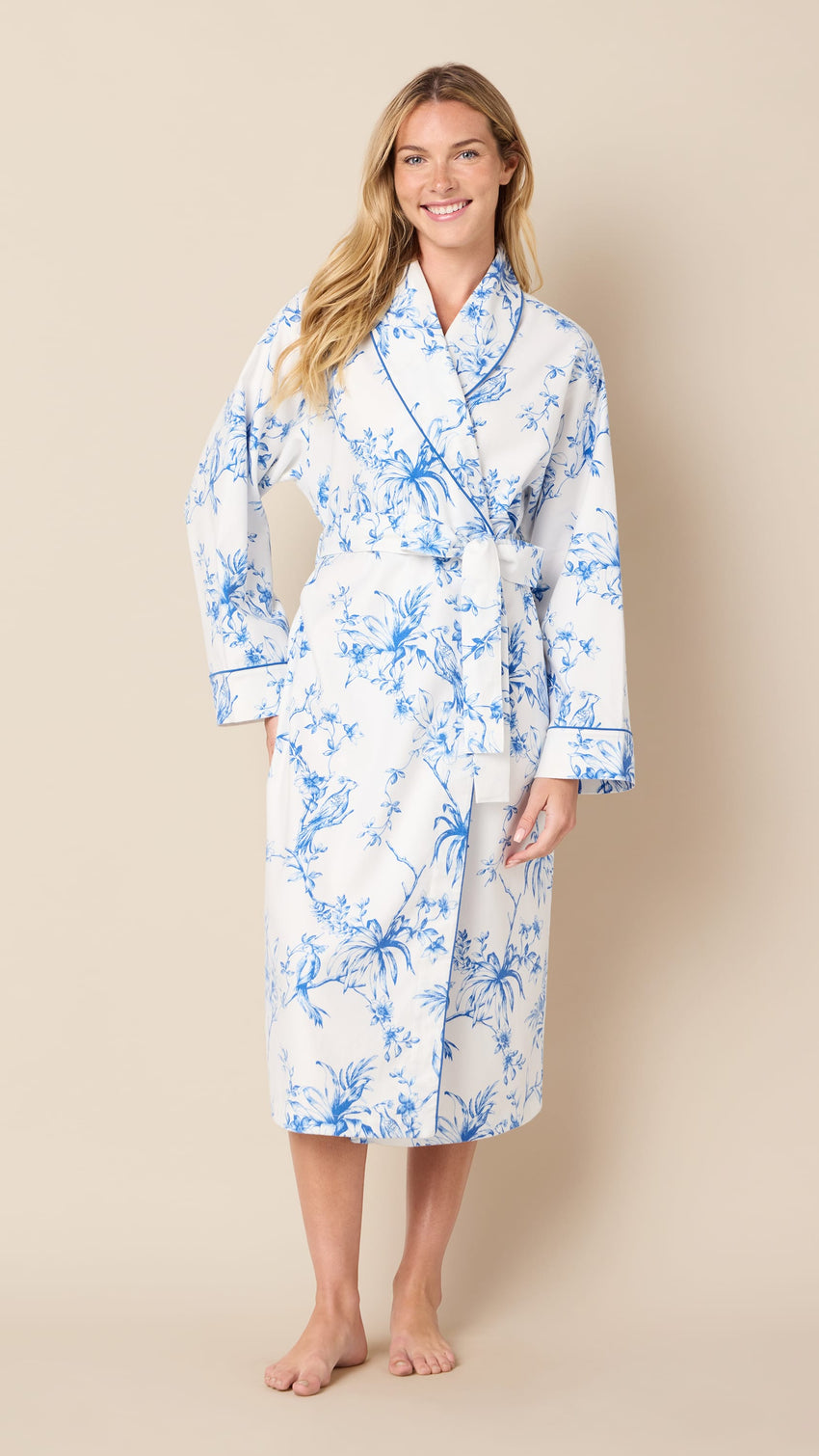 Bluebird Blossom Pima Flannel Shawl-Collar Robe Main White