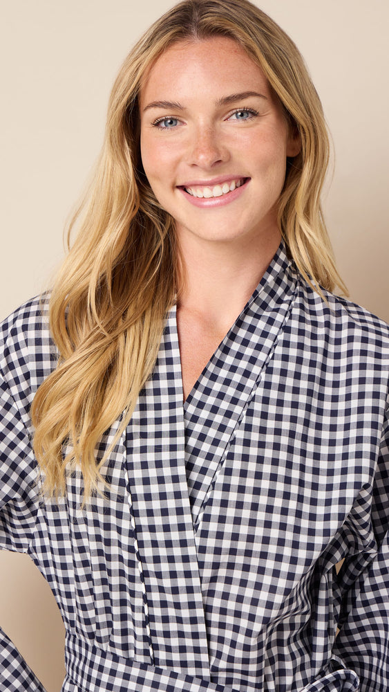 Gingham Luxe Pima Kimono Robe Wide Black