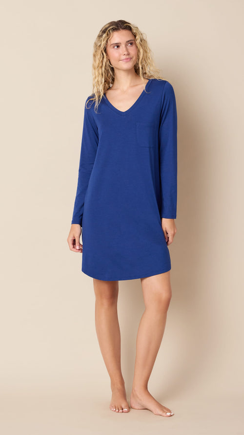Classic Pima Knit Long-Sleeved Sleep Shirt - Marine Blue Main Marine Blue