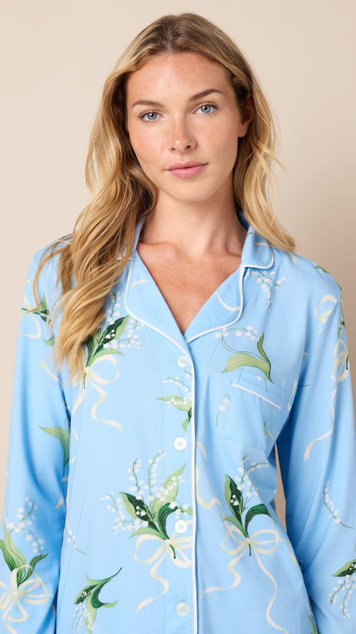 Bouquet & Bow Pima Knit Long-Sleeved Pajama Wide Blue
