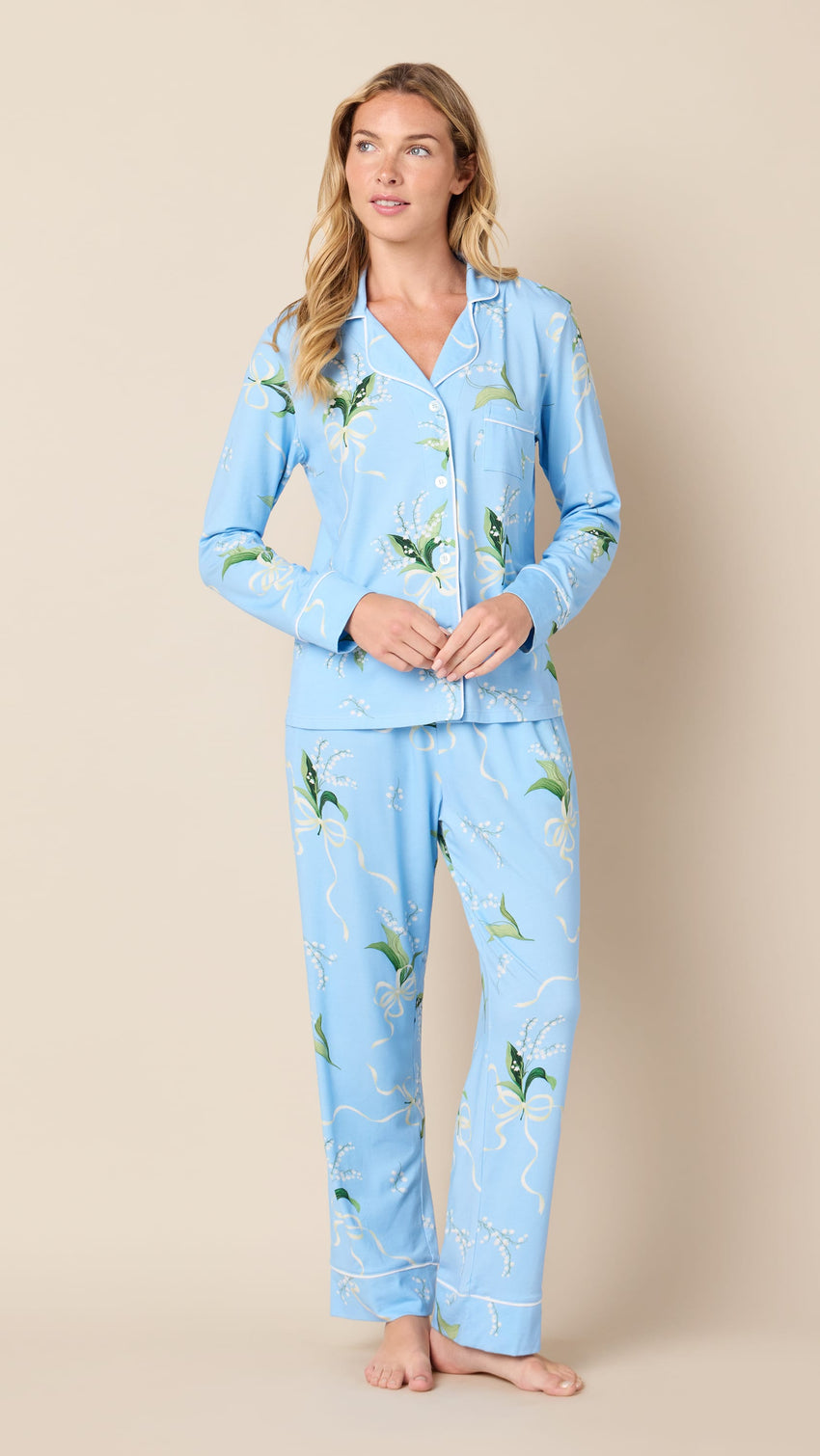 Bouquet & Bow Pima Knit Long-Sleeved Pajama Hover Blue