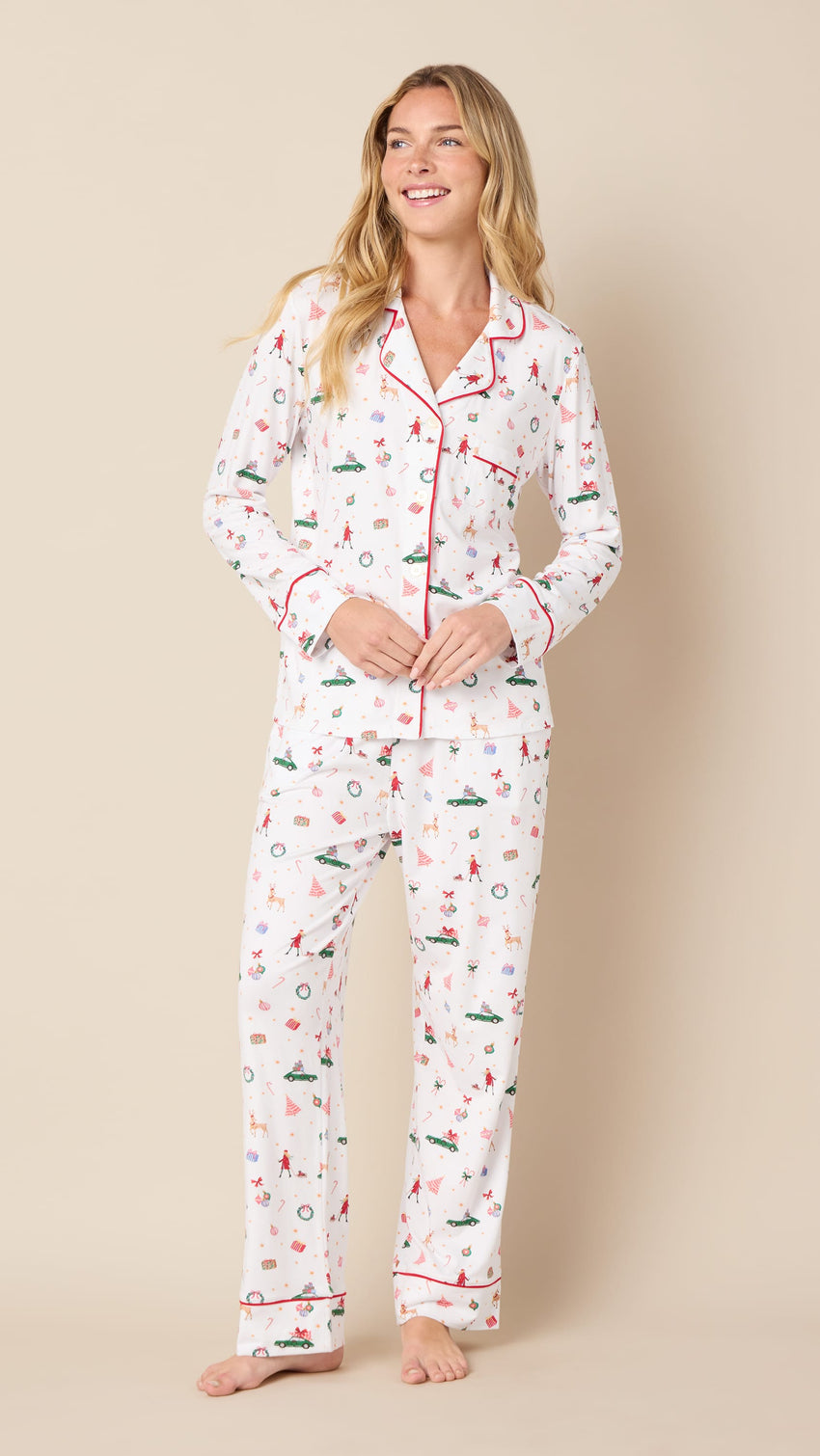 A Merry Little Stroll Pima Knit Long-Sleeved Pajama Hover White