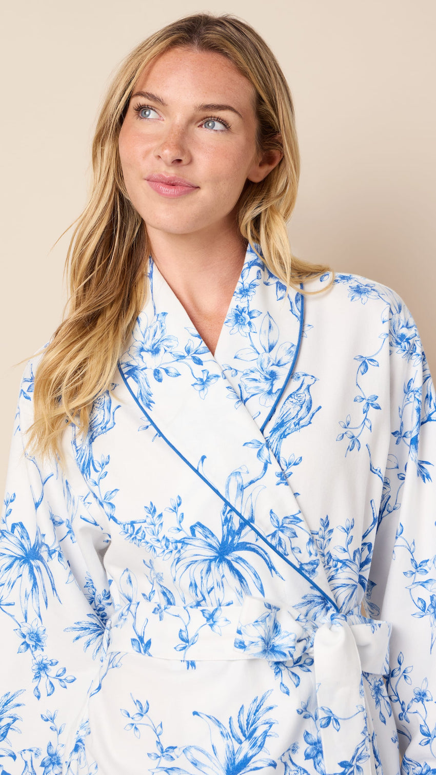 Bluebird Blossom Pima Flannel Shawl-Collar Robe Hover White