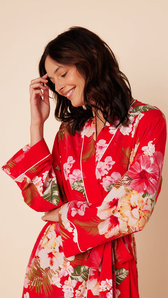 Holiday Hibiscus Pima Knit Kimono Robe Extra Red