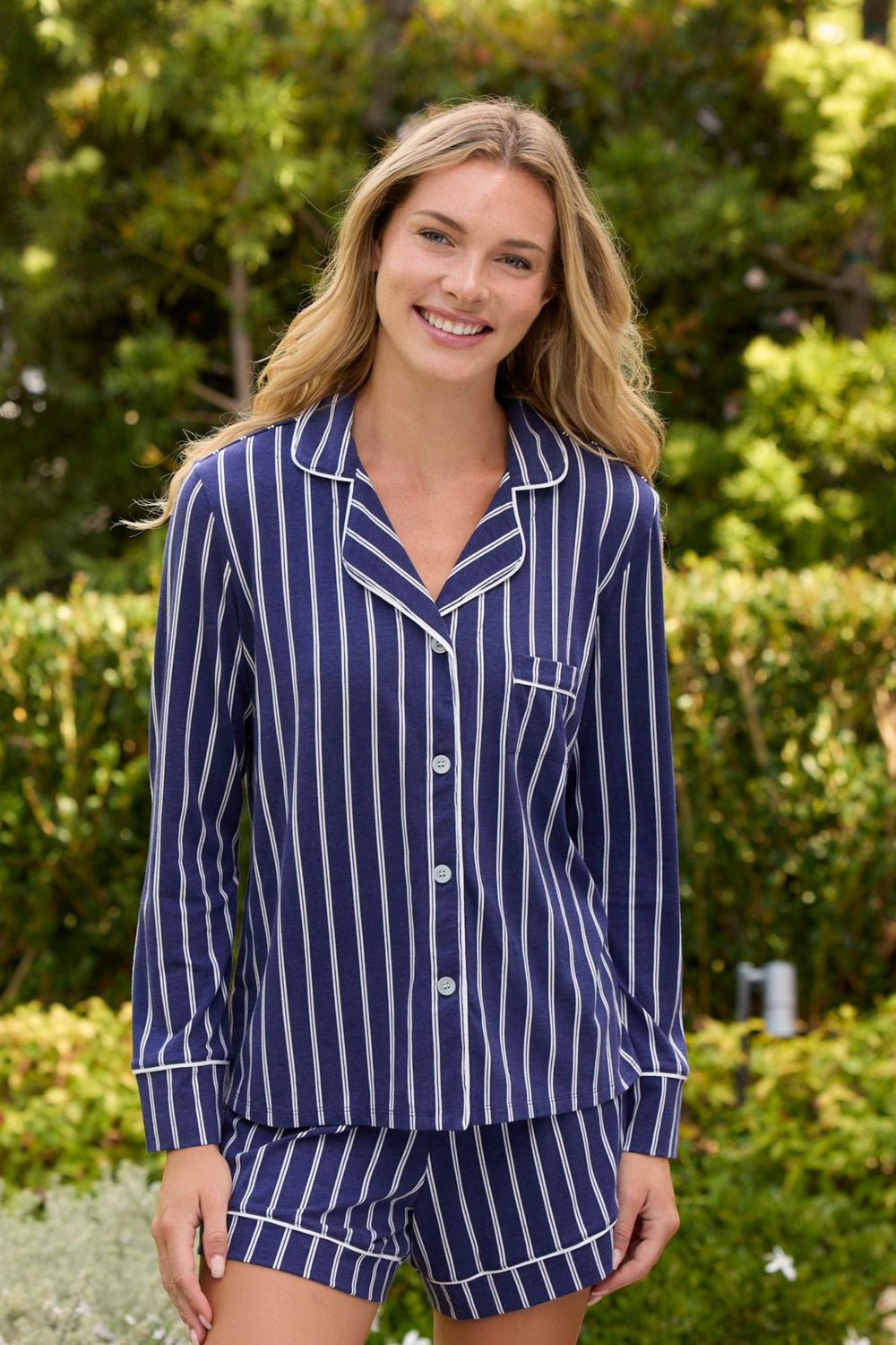 Heritage Stripe Pima Knit Long-Sleeved Short Set - Navy Main Navy