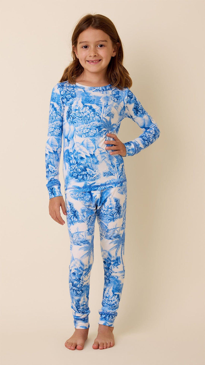 Palm Grove Toile Kids Pima Knit Pajama - Blue Main Blue