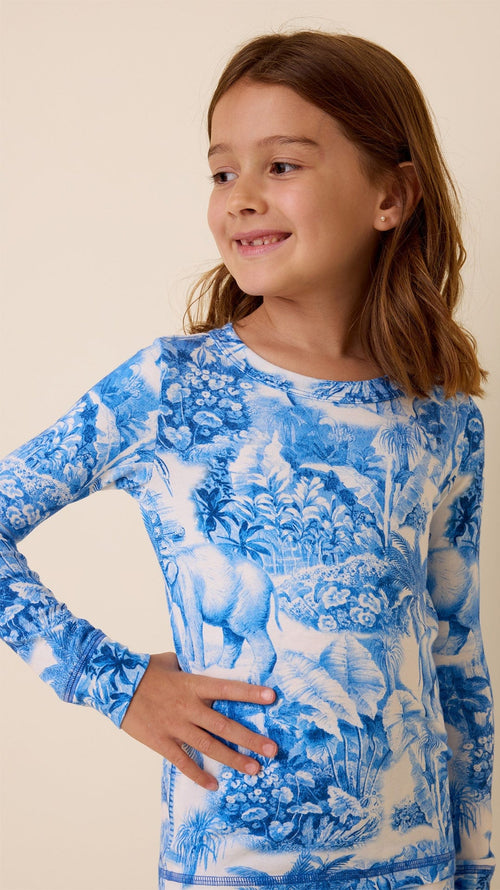 Palm Grove Toile Kids Pima Knit Pajama - Blue Hover Extra Blue