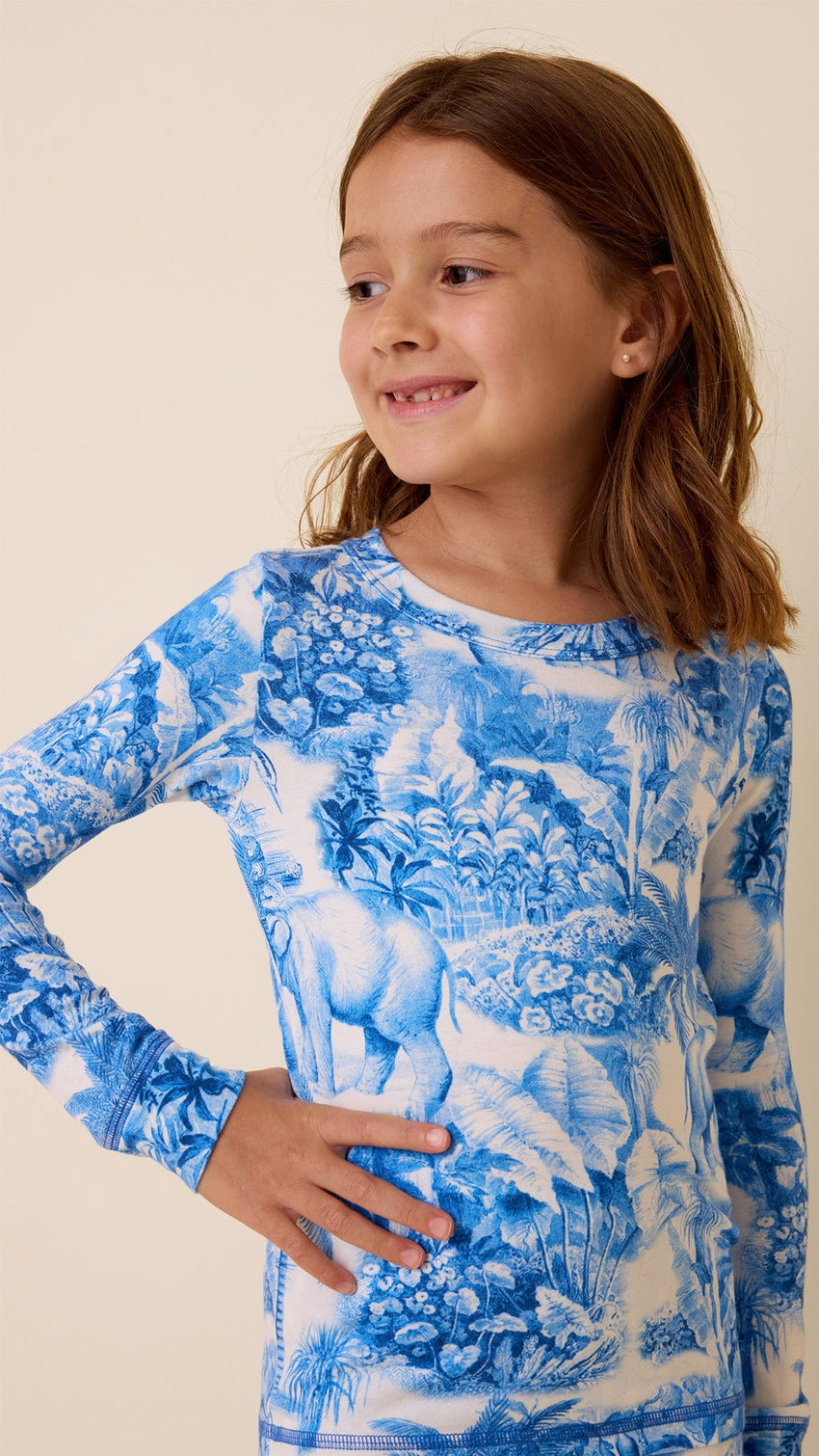 Palm Grove Toile Kids Pima Knit Pajama - Blue Hover Extra Blue