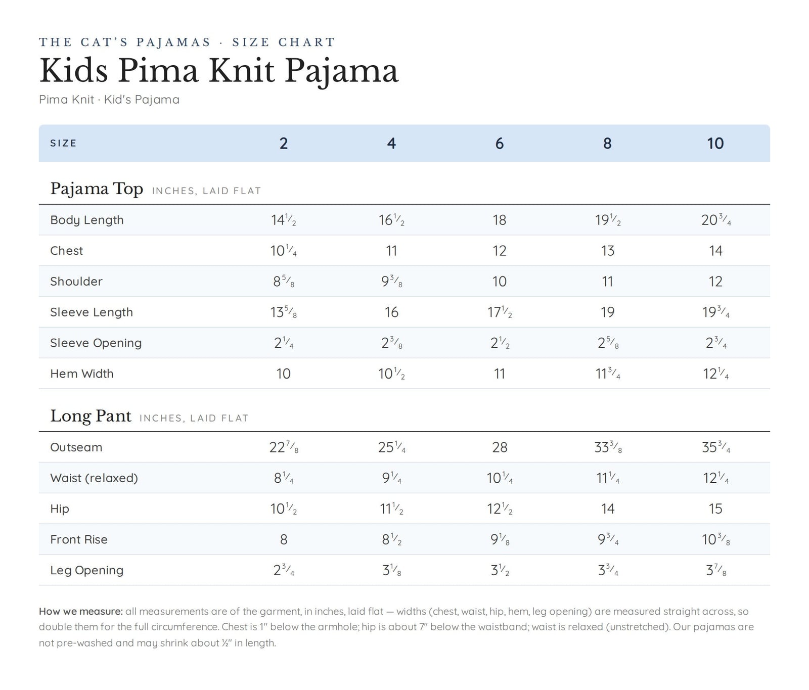 Size chart for Kids Tahiti Palm Pima Knit Short-Sleeved Pajama