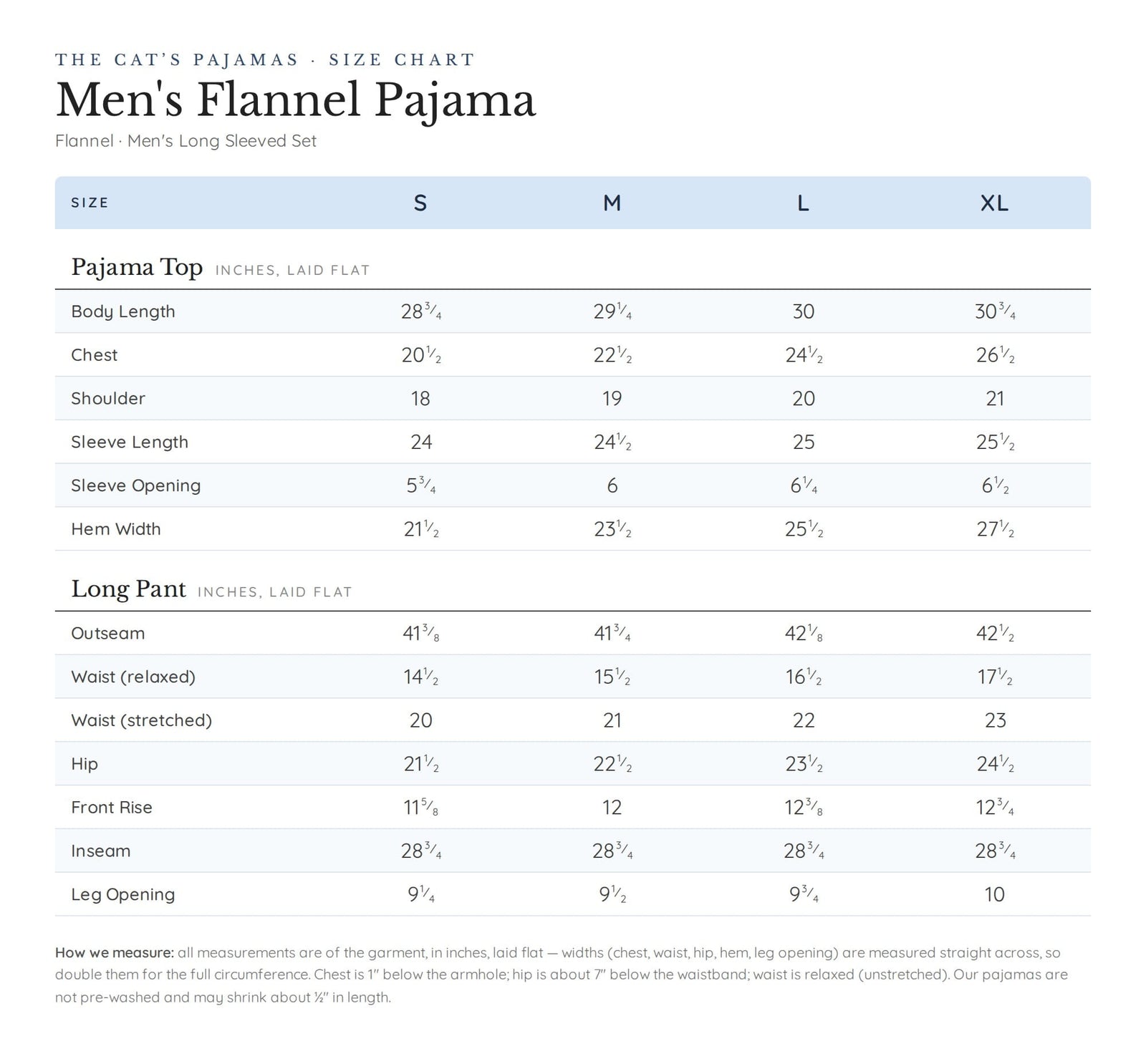 Size chart for Lisbon Men's Pima Flannel Pajama